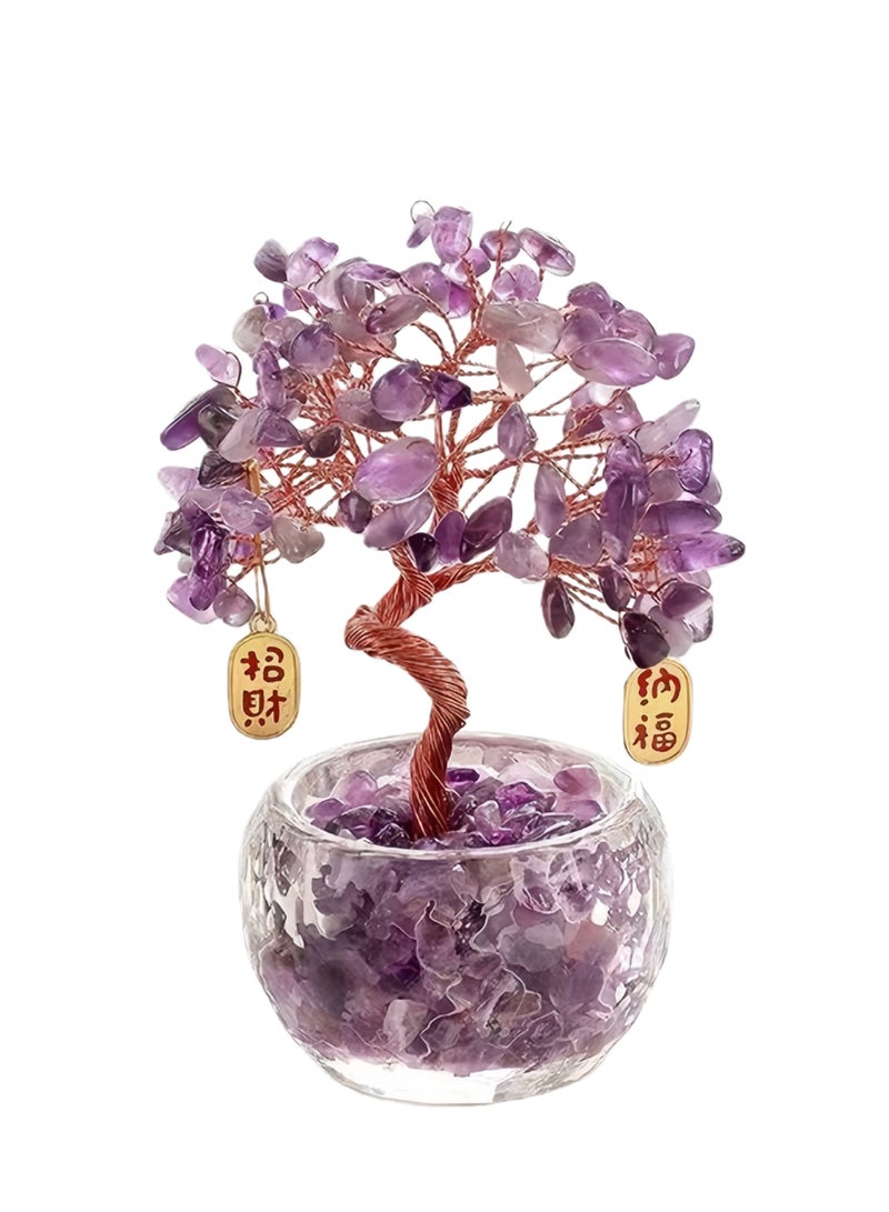 شجرة ثروة أميثيست الطبيعية - ديكور سطح المكتب المصنوع يدوياً من النحاس  ثروة محظوظة وزينة بركة (10 × 6 × 13 سم) - Image 1